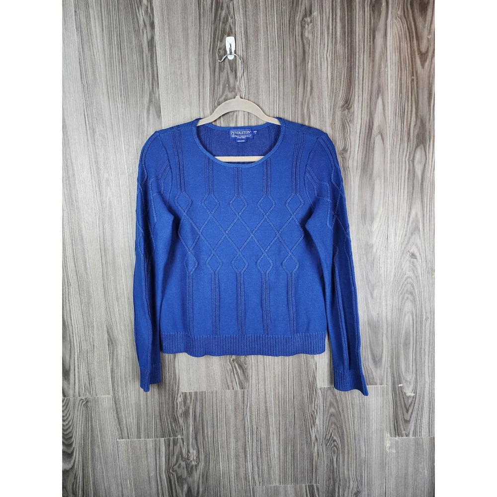 Pendleton Blue Diamond Cable Knit Crew Neck Sweater Womens Petite Small PS
